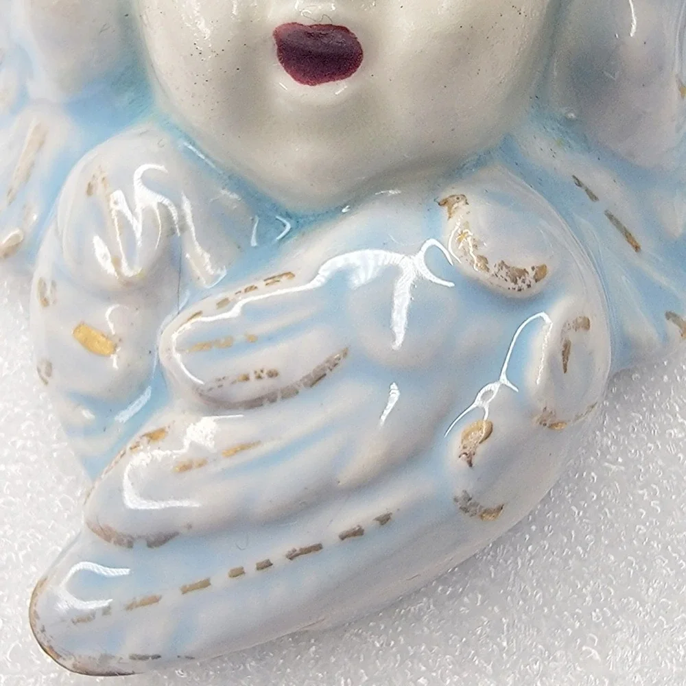 Vintage Pair of Ceramic Cherub Angel Wall Hangings Blonde Hair Blue Wings